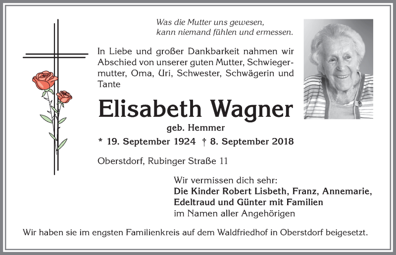 Traueranzeigen Von Elisabeth Wagner Trauer Im Allgaeu De