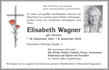 Traueranzeige von Elisabeth Wagner von Allgäuer Anzeigeblatt