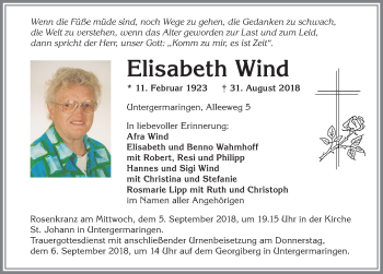 Traueranzeige von Elisabeth Wind von Allgäuer Zeitung, Kaufbeuren/Buchloe