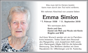 Traueranzeige von Emma Simion von Allgäuer Zeitung,Kempten
