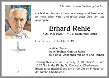Traueranzeige von Erhard Rehle von Allgäuer Zeitung, Kaufbeuren/Buchloe