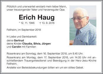 Traueranzeige von Erich Haug von Memminger Zeitung