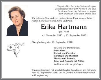 Traueranzeige von Erika Hartmann von Allgäuer Zeitung, Marktoberdorf
