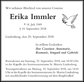 Traueranzeige von Erika Immler von Der Westallgäuer