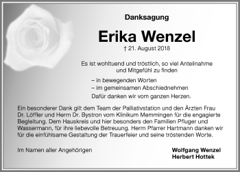 Traueranzeige von Erika Wenzel von Memminger Zeitung