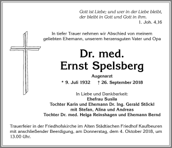 Traueranzeige von Ernst Spelsberg von Allgäuer Zeitung, Kaufbeuren/Buchloe