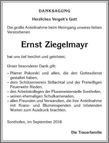 Traueranzeige von Ernst Ziegelmayr von Allgäuer Anzeigeblatt