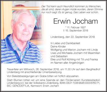 Traueranzeige von Erwin Jocham von Der Westallgäuer