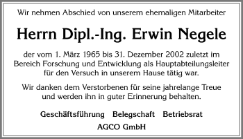 Traueranzeige von Erwin Negele von Allgäuer Zeitung, Marktoberdorf