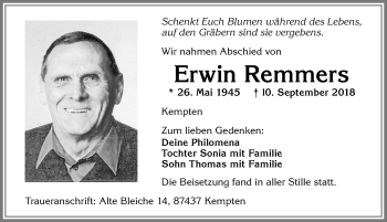 Traueranzeige von Erwin Remmers von Allgäuer Zeitung,Kempten