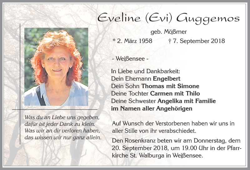  Traueranzeige für Eveline Guggemos vom 18.09.2018 aus Allgäuer Zeitung, Füssen