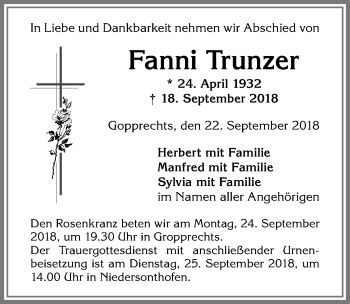 Traueranzeige von Fanni Trunzer von Allgäuer Anzeigeblatt
