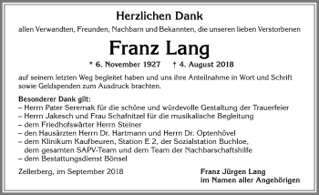 Traueranzeige von Franz Lang von Allgäuer Zeitung, Kaufbeuren/Buchloe