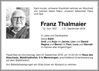 Traueranzeige von Franz Thalmaier von Memminger Zeitung