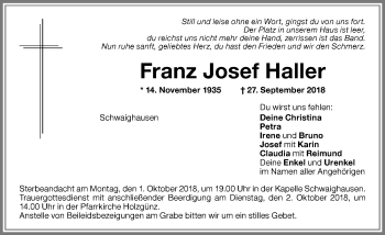 Traueranzeige von Franz Josef Haller von Memminger Zeitung