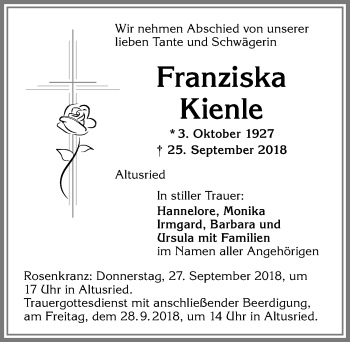Traueranzeige von Franziska Kienle von Allgäuer Zeitung,Kempten