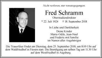 Traueranzeige von Fred Schramm von Allgäuer Zeitung, Füssen
