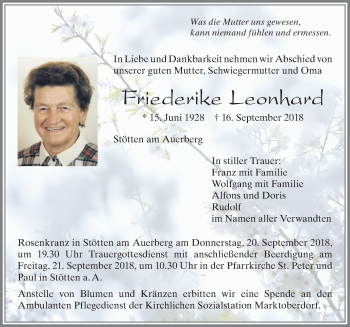 Traueranzeige von Friederike Leonhard von Allgäuer Zeitung, Marktoberdorf