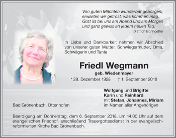 Traueranzeige von Friedl Wegmann von Memminger Zeitung