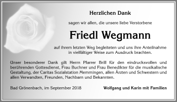 Traueranzeige von Friedl Wegmann von Memminger Zeitung