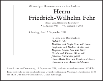 Traueranzeige von Friedrich-Wilhelm Fehr von Der Westallgäuer