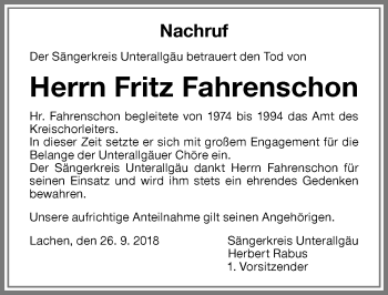 Traueranzeige von Fritz Fahrenschon von Memminger Zeitung