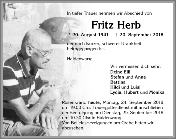 Traueranzeige von Fritz Herb von Allgäuer Zeitung,Kempten