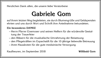 Traueranzeige von Gabriele Gom von Allgäuer Zeitung, Kaufbeuren/Buchloe