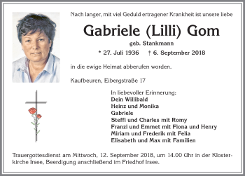 Traueranzeige von Gabriele Gom von Allgäuer Zeitung, Kaufbeuren/Buchloe