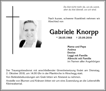 Traueranzeige von Gabriele Knorpp von Allgäuer Anzeigeblatt