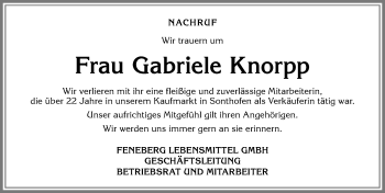 Traueranzeige von Gabriele Knorpp von Allgäuer Anzeigeblatt