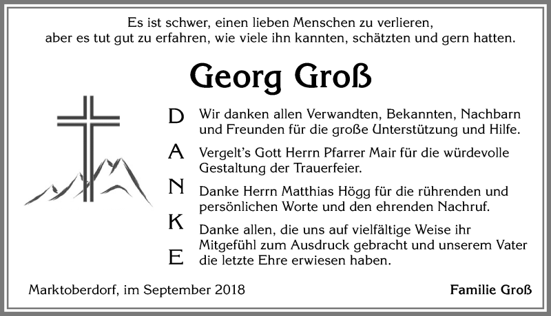  Traueranzeige für Georg Groß vom 08.09.2018 aus Allgäuer Zeitung, Marktoberdorf