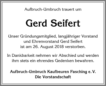 Traueranzeige von Gerd Seifert von Allgäuer Zeitung, Kaufbeuren/Buchloe