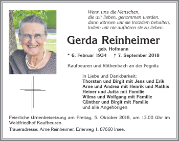 Traueranzeige von Gerda Reinheimer von Allgäuer Zeitung, Kaufbeuren/Buchloe
