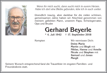 Traueranzeige von Gerhard Beyerle von Allgäuer Zeitung,Kempten