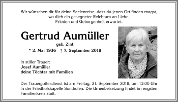 Traueranzeige von Gertrud Aumüller von Allgäuer Anzeigeblatt