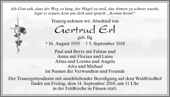 Traueranzeige von Gertrud Erl von Allgäuer Zeitung, Füssen