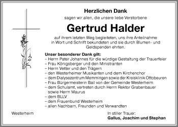 Traueranzeige von Gertrud Halder von Memminger Zeitung