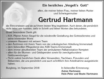 Traueranzeige von Gertrud Hartmann von Allgäuer Anzeigeblatt
