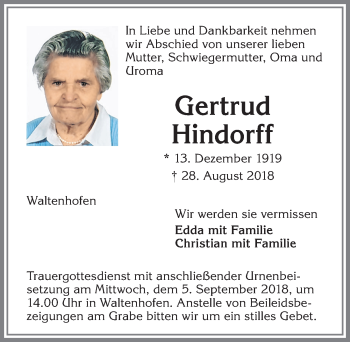 Traueranzeige von Gertrud Hindorff von Allgäuer Zeitung,Kempten