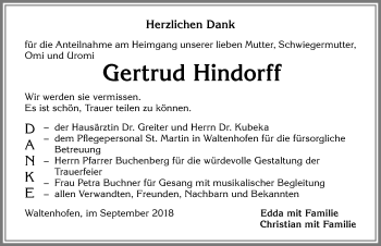 Traueranzeige von Gertrud Hindorff von Allgäuer Zeitung,Kempten