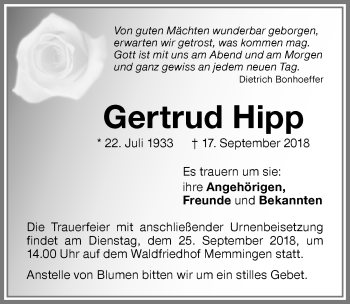 Traueranzeige von Gertrud Hipp von Memminger Zeitung