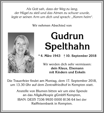 Traueranzeige von Gudrun Spelthahn von Allgäuer Zeitung,Kempten