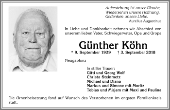 Traueranzeige von Günther Köhn von Allgäuer Zeitung, Kaufbeuren/Buchloe