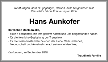 Traueranzeige von Hans Aunkofer von Allgäuer Zeitung, Kaufbeuren/Buchloe
