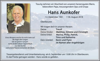 Traueranzeige von Hans Aunkofer von Allgäuer Zeitung, Kaufbeuren/Buchloe