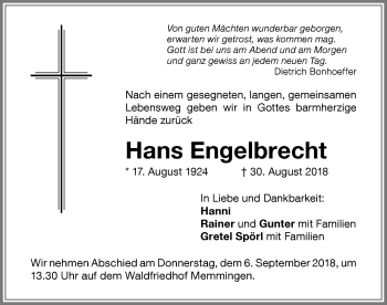 Traueranzeige von Hans Engelbrecht von Memminger Zeitung