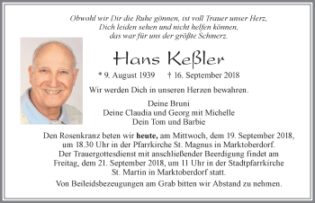 Traueranzeige von Hans Keßler von Allgäuer Zeitung, Marktoberdorf