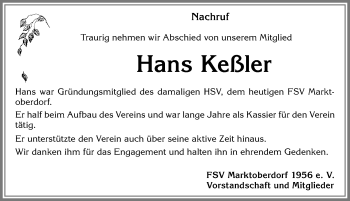 Traueranzeige von Hans Keßler von Allgäuer Zeitung, Marktoberdorf