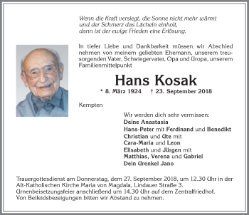 Traueranzeige von Hans Kosak von Allgäuer Zeitung,Kempten